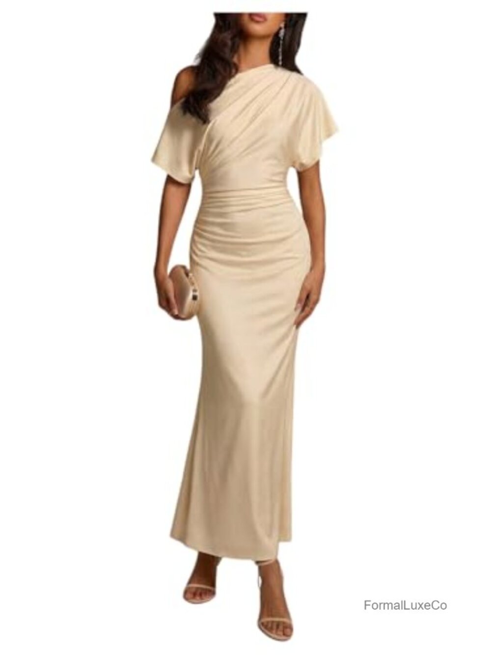 One Shoulder Ruched Maxi Dress Short Sleeve Formal Cocktail